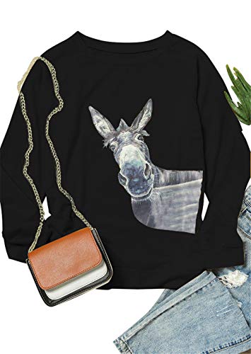 Damen Süßer Tier Esel Druck Rundhals Causal Lose Sweatshirt Pullover für Frauen Gr. 38, Schwarz von N/G
