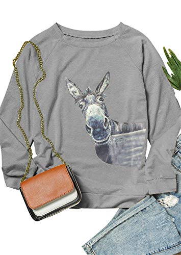 Damen Süßer Tier Esel Druck Rundhals Causal Lose Sweatshirt Pullover für Frauen Gr. S, Dunkelgrau von N/G