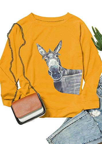 Damen Süßer Tier Esel Druck Rundhals Causal Lose Sweatshirt Pullover für Frauen Gr. S, gelb von N/G
