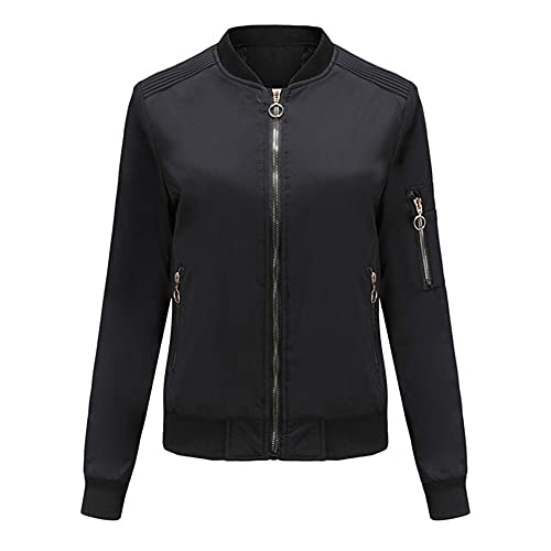 Damen Bomberjacke Frühling Herbst Langarm Kragen Slim Reißverschluss Windbreaker, BK, 48 von LUPE