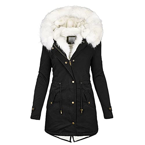 Damen Winterjacke mit Kapuze, dick, lange Daunenjacke, schmales Haar, Schwarz , 38 von N\P