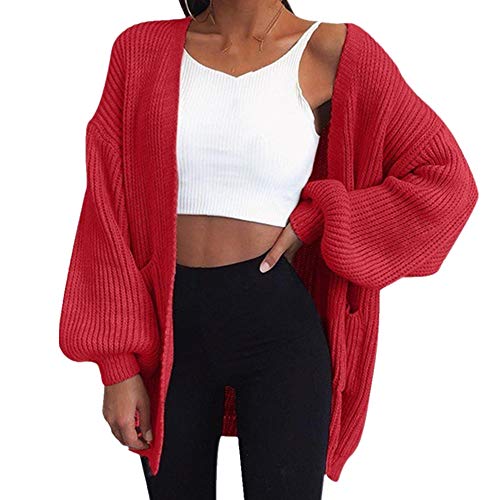 Locker gestrickte Strickjacke Pullover für Frauen Lose Offene Stich Ärmel Herbst Winter Mantel Solide Casual Pullover Gr. XXL, rot von N\P