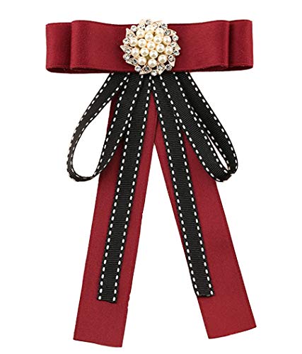 N/X INSUNNY Schleife brosche Schleifenbrosche Anstecknadel Pin mit perlen Strass Steine Damen Mädchen Studenten Schleife Kragen (Weinrot) von N/X