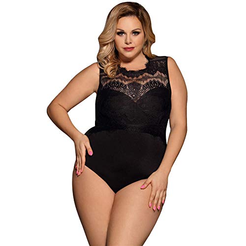 N/X Schnür Bodysuit Plus Size Spitze High Neck Cut Out Back Fitness Jumpsuit Body -01_5XL von N/X