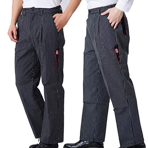 N / A Herren Kochhose Gummizug Bundhose Gestreift Bäckerhosen mit Elastische Taille Leichte Arbeitshos - Schwarz weiß Streifen | Halbelastisch, XL von N / A