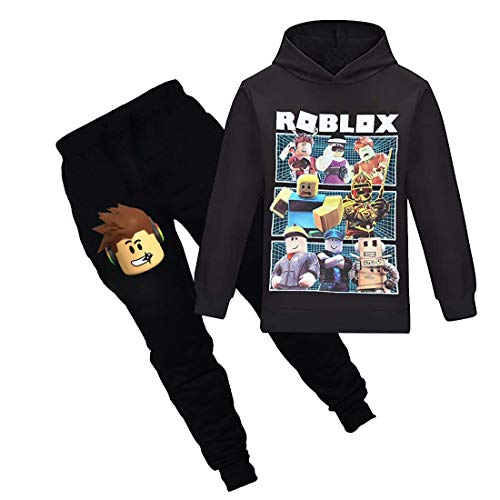 N /A Roblox Kapuzenpullover Jungen Hoodies Kinder Spiel Outfits Karikatur Charaktere Pullover Baumwolle Mädchen Hosen Kleidung Sets (Black, 11-12years) von N /A