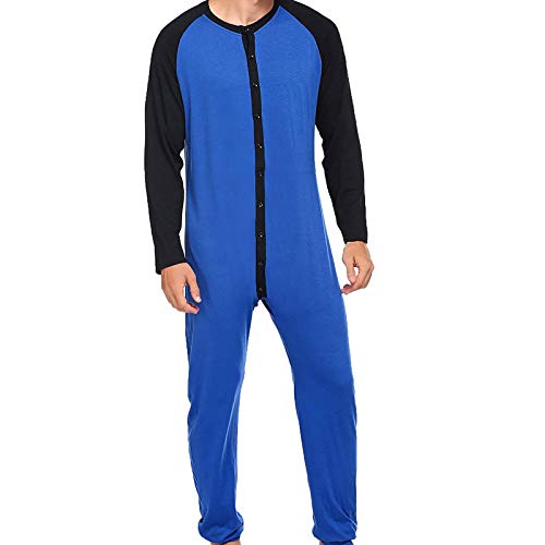 N /C Herren Einteiler Pyjama Langarm Button Down Open Front Jumpsuit Nachtwäsche Color Block Bodysuit Pjs Outfits (Blau, XXL) von N /C