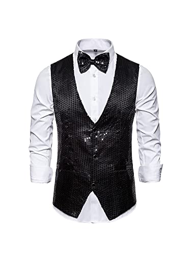 MIUCCHY Herren Full Pailletten Weste 3 Button Down Pailletten Anzug Weste Glänzend V Ausschnitt Weste mit Fliege, Schwarz , M von N /D