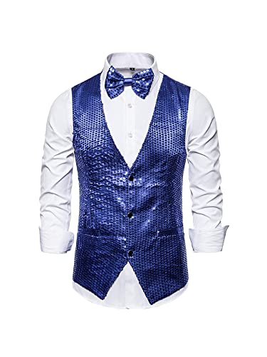 MIUCCHY Herren Full Pailletten Weste 3 Button Down Pailletten Anzug Weste Glänzend V Ausschnitt Weste mit Fliege, blau, L von N /D