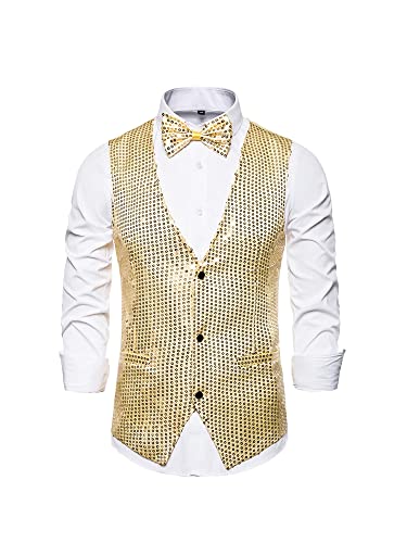 MIUCCHY Herren Full Pailletten Weste 3 Button Down Pailletten Anzug Weste Glänzend V Ausschnitt Weste mit Fliege, gold, L von N /D