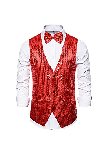 MIUCCHY Herren Full Pailletten Weste 3 Button Down Pailletten Anzug Weste Glänzend V Ausschnitt Weste mit Fliege, rot, L von N /D