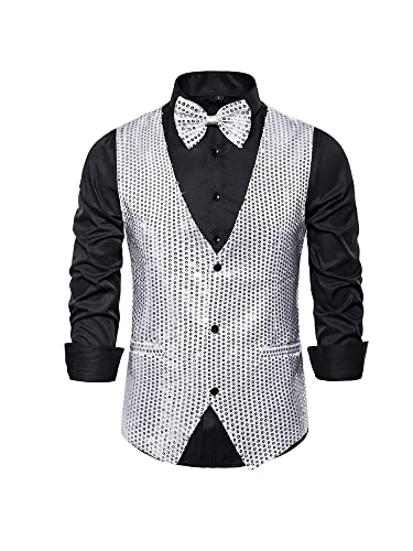 MIUCCHY Herren Full Pailletten Weste 3 Button Down Pailletten Anzug Weste Glänzend V Ausschnitt Weste mit Fliege, silber, L von N /D