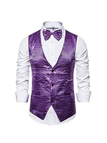 MIUCCHY Herren Full Pailletten Weste 3 Button Down Pailletten Anzug Weste Glänzend V Ausschnitt Weste mit Fliege, violett, M von N /D