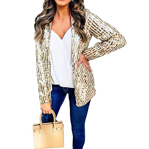 Miucchy Damen-Blazer mit langen Ärmeln, Pailletten, vorne offen, glitzernd, Glitzer, Festival, Partyjacke, gold, 44 von N /D