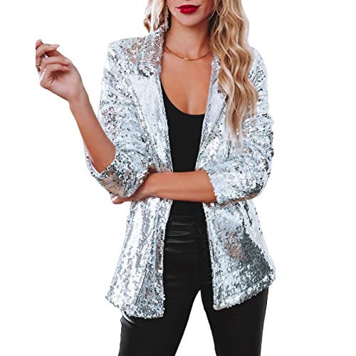 Miucchy Damen-Blazer mit langen Ärmeln, Pailletten, vorne offen, glitzernd, Glitzer, Festival, Partyjacke, silber, 44 von N /D