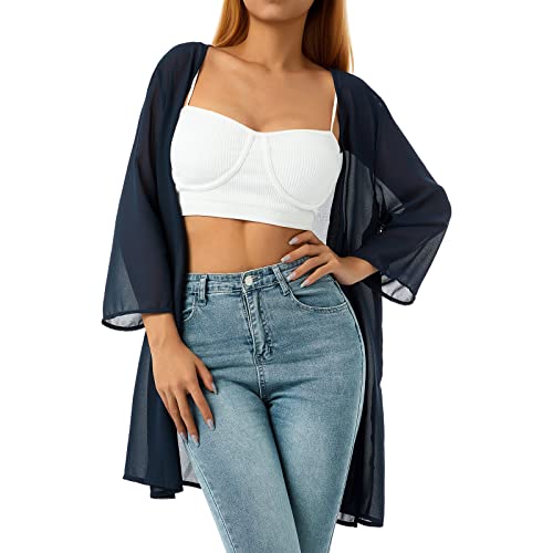 N /D Damen Chiffon Cover Up Lose Sheer Kimono Cardigan Open Front 3/4 Ärmel Leicht Strand Casual Bluse Top, marineblau, XXL von N /D