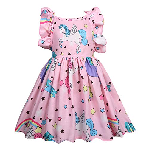 N /D Niedliche Kleider für Mädchen und Kinder, ärmellos, Einhorn-Kleider, Druck-Rüschen, Party-Sommerkleid, Alter 3–8 Jahre Gr. 7 Jahre, rose von N /D