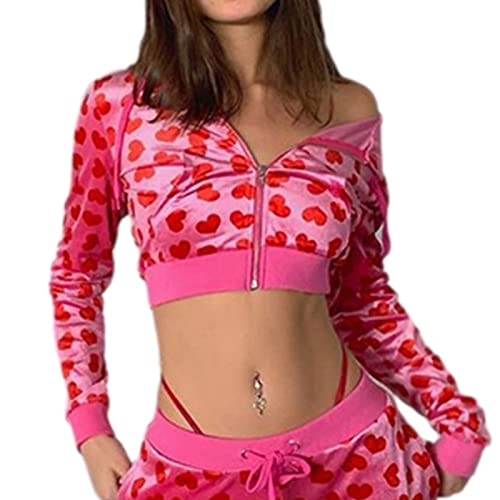 Women Y2K Heart Print Velvet Crop Hoodies Zip Up Long Sleeve Vintage Graphic Sweatshirt & Drawstring Pants with Pockets (Hooded Sweatshirt, Medium) von N /D