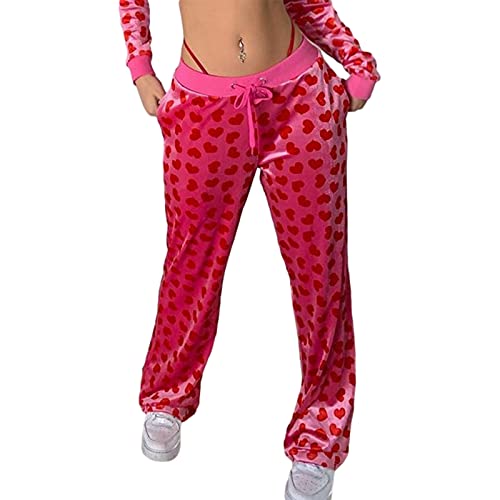 Women Y2K Heart Print Velvet Crop Hoodies Zip Up Long Sleeve Vintage Graphic Sweatshirt & Drawstring Pants with Pockets (Loose Sweatpant, Small) von N /D