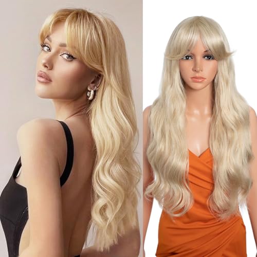 26 Inch Long Wavy Wigs for Women Black Wig with Bangs Ombre Brown Wig with Dark Roots Long Layered Heat Resistant Synthetic Natural Looking Wigs for Daily Party Use(LINEN(59)) von N BLE STAR