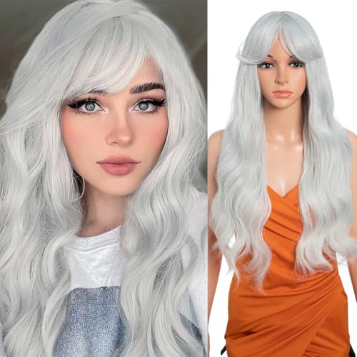 26 Inch Long Wavy Wigs for Women Black Wig with Bangs Ombre Brown Wig with Dark Roots Long Layered Wig Heat Resistant Synthetic Wig Natural Looking Wigs for Daily Party Use(T-GREY 31) von N BLE STAR