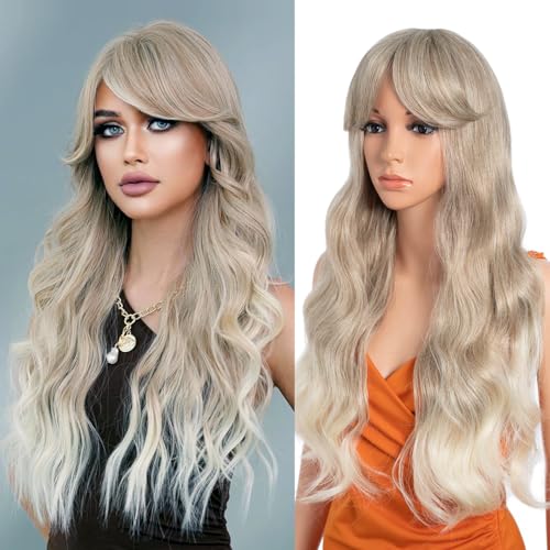 26 Inch Long Wavy Wigs for Women Black Wig with Bangs Ombre Brown Wig with Dark Roots Long Layered Wig Heat Resistant Synthetic Wig Natural Looking Wigs for Daily Party Use(T-LINEN(62)) von N BLE STAR