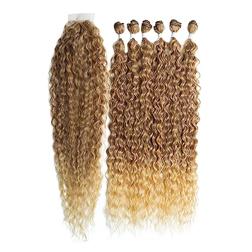 30 Zoll Kinky Wave Hair 6Bundles mit Spitzenverschluss 7Piece/Pack Ombre Brown Long Kinky Curly Hair Bundles Hitzebeständige Kunsthaar-Web-Extensions für Frauen (T12/22A # 30 Zoll 7 Stück) von N BLE STAR