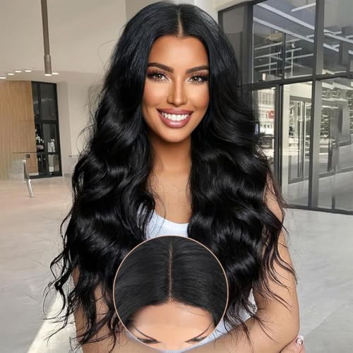 Lange Spitze Front Tief gewellte Perücke für Damen Synthetische Perücke mit Strähnchen 28 Zoll Mittelteil Lange lockere gewellte synthetische Locke Perücke für den täglichen Gebrauch 1B von N BLE STAR