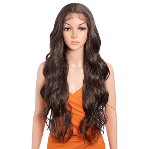 Lange Spitze Front Tief gewellte Perücke für Damen Synthetische Perücke mit Strähnchen 28 Zoll Mittelteil Lange lockere gewellte synthetische Locke Perücke für den täglichen Gebrauch BROWN138 von N BLE STAR