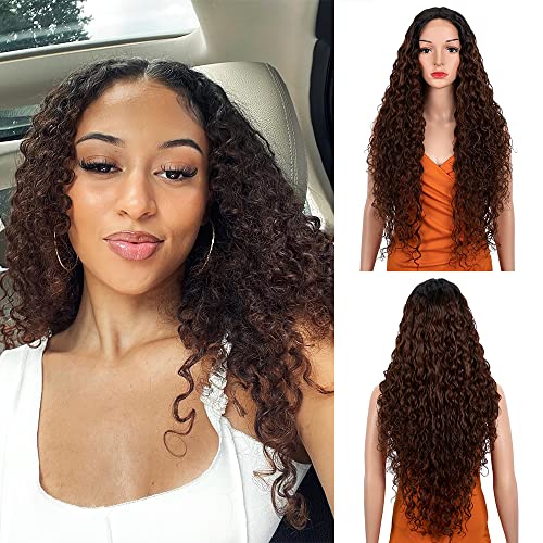 NOBLE STAR Lange lockige Spitze Front Perücken 30 Zoll Dunkle Wurzeln Mittelteil HD Lace Front Perücke Super weiche Bio Haar Synthetische Perücken für Frauen 130% Dichte (Ombre Dunkelbraun) von N BLE STAR
