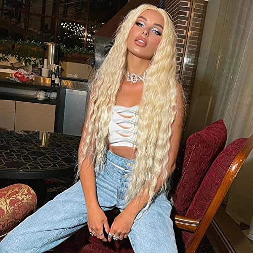 NOBLE STAR Lange lockige Spitze Front Perücken 30 Zoll Mittelteil HD Lace Front Perücken mit Babyhaar Super weiche Bio-Haar-Synthetikperücken für Frauen 130% Dichte (Hellblond 613) von N BLE STAR