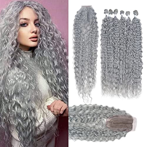 NOBLE STAR Synthetisches Wasserwellenhaar 6 Bündel 30-Zoll-Schuss und welliges hitzebeständiges Haar Silbergraue Farbbündel Verlängerungen für schwarze Frauen von N BLE STAR