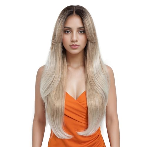 Spitzenperücken Lange gewellte Perücken 26" schulterlang Hitzebeständige synthetische Spitze Front Perücken für Frauen mit Pony für den täglichen Partygebrauch TAT 6/27/1001E von N BLE STAR