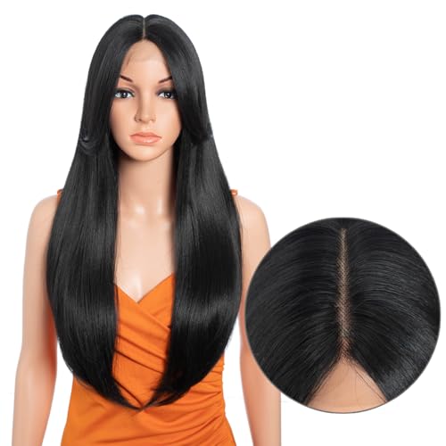 Spitzenperücken mit Curtain Bangs für Frauen 24" Lange gewellte Frauen charmante synthetische Spitze Front Perücken mit Pony Perücke Hitzebeständiges Haar für den täglichen Partygebrauch 1B von N BLE STAR