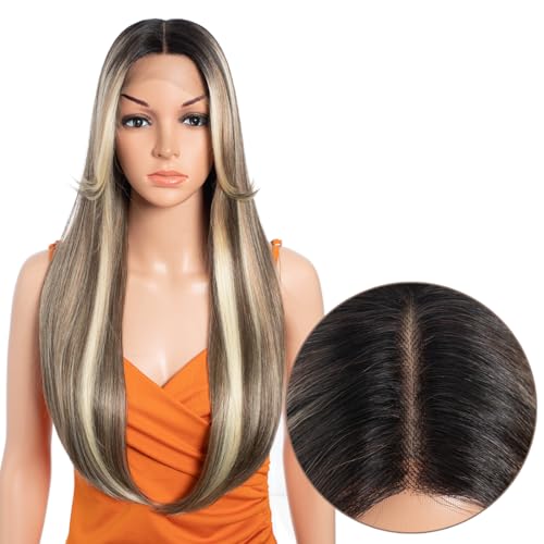 Spitzenperücken mit Curtain Bangs für Frauen 24" Lange gewellte Frauen charmante synthetische Spitze Front Perücken mit Pony Perücke Hitzebeständiges Haar für täglichen Partygebrauch SA4/10/23B/613C# von N BLE STAR