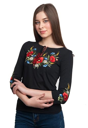 Fashion Damen Bekleidung T-Shirt Damen gestickt in Form Einer ukrainischen Vyshyvanka mit 3/4 Ärmeln Motiv Feldblumen Größe L von N_FROMM