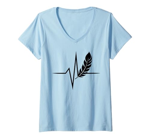 Damen Native American Heartbeat EKG Pulse Indian Feather T-Shirt mit V-Ausschnitt von N@TIVE