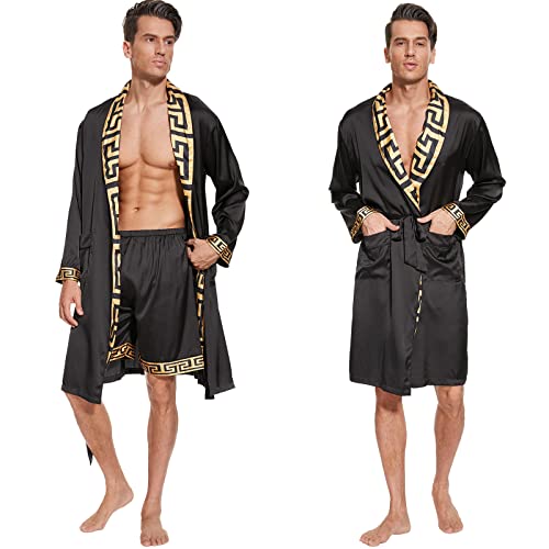 N&D Eyong Herren Luxuriöse Seidengefühl Bademäntel Langarm Satin Kimono Bademantel mit Shorts Nachtwäsche Set Bedruckte Bademäntel, schwarz, Large von N&D Eyong