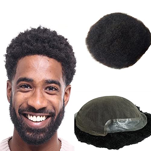 Echthaar Toupet für Männer, Full Lace Afro Toupet Echthaarteil Männer Ersatzsystem mit PU dünne Haut um natürliche atmungsaktive Schweizer Spitzenhaarteil Echthaarperücken 10 * 8" (#1 Tiefschwarz) von N.L.W.