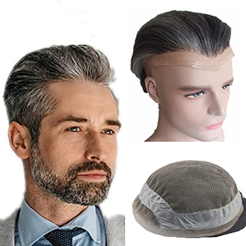 Echthaar Toupet für Männer,NLW Haarersatz dünne französische Spitze Männer Toupet Haarteile Echthaar Ersatz System gebleicht Knoten natürlichen Haaransatz Poly Haut Perücken (8x10",schwarz und grau) von N.L.W.