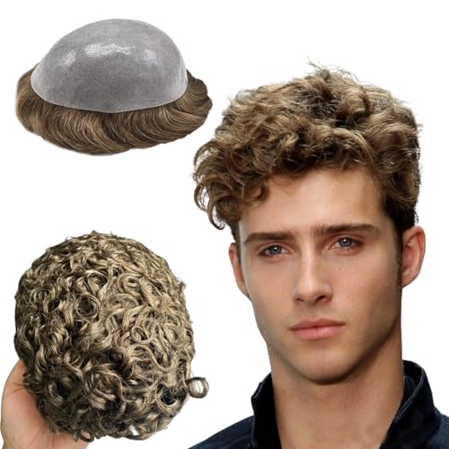 NLW 0,04 Dünne Haut Doppelte Knoten 10mm Afro Locken Haarteil 100% Echthaar System für Männer Perücken Herren Toupet Langlebiges Herren Toupet Echthaar Basisgröße 8x10 Zoll 120% Dichte #4 Light Brown von N.L.W.