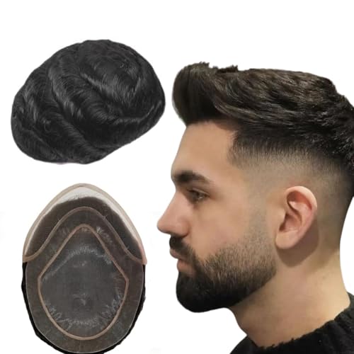 NLW 100% europäisches echtes menschliches Haar Männer Spitzenhaar System feine französische Spitze mit PU um 25mm Locke menschliches Haar 10x8" Basis #1B Natural Black von N.L.W.
