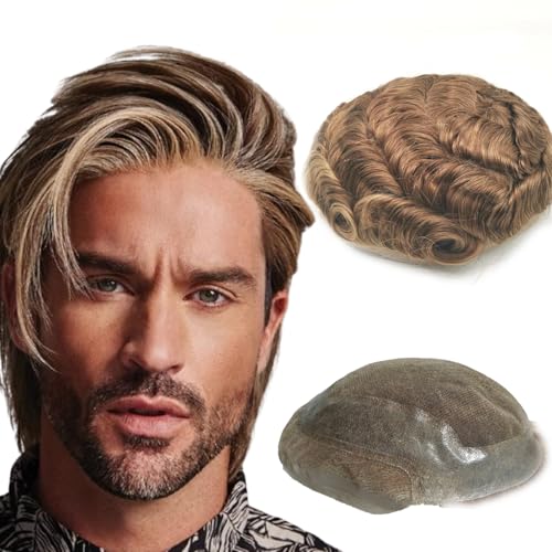 NLW 100% europäisches echtes menschliches Haar Männer Spitzenhaar System feine französische Spitze mit PU um 25mm Locke menschliches Haar 10x8" Basis #4/27/613 Blonde von N.L.W.