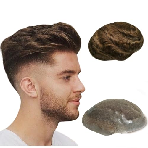 NLW 100% europäisches echtes menschliches Haar Männer Spitzenhaar System feine französische Spitze mit PU um 25mm Locke menschliches Haar 10x8" Basis #4 Light Brown von N.L.W.