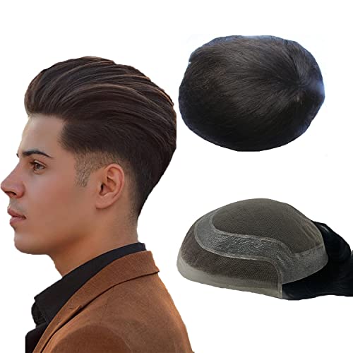NLW Echthaar-Toupet für Männer, atmungsaktive französische Spitze und mit einem Kreis aus PU Echthaar-System, 100% natürliche europäische Ersatz-Perücken 8 * 10 Zoll (#2 Deep Brown) von N.L.W.