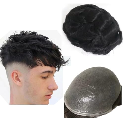 NLW Toupee for Men 0.04 Thin Skin Double Knots 25mm Curl Hairpiece 100% Human Hair System for men wigs Men's Toupee Durable Men's Toupee Real Hair Base Size 8x10 Inch 120% Density #1 Jet Black von N.L.W.