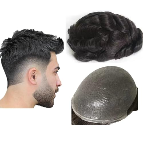 NLW Toupee for Men 0.04 Thin Skin Double Knots 25mm Curl Hairpiece 100% Human Hair System for men wigs Men's Toupee Durable Men's Toupee Real Hair Base Size 8x10 Inch 120% Density #1B Natural Black von N.L.W.