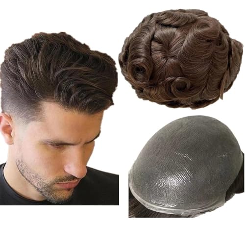 NLW Toupee for Men 0.04 Thin Skin Double Knots 25mm Curl Hairpiece 100% Human Hair System for men wigs Men's Toupee Durable Men's Toupee Real Hair Base Size 8x10 Inch 120% Density #2 Deep Brown von N.L.W.