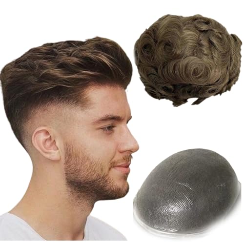 NLW Toupee for Men 0.04 Thin Skin Double Knots 25mm Curl Hairpiece 100% Human Hair System for men wigs Men's Toupee Durable Men's Toupee Real Hair Base Size 8x10 Inch 120% Density #4 Light Brown von N.L.W.