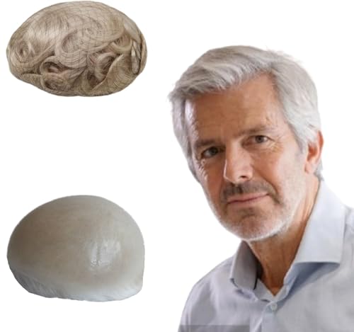 NLW Toupee for Men 0.04 Thin Skin Double Knots 25mm Curl Hairpiece 100% Human Hair System for men wigs Men's Toupee Durable Men's Toupee Real Hair Base Size 8x10 Inch 120% Density #Gray von N.L.W.